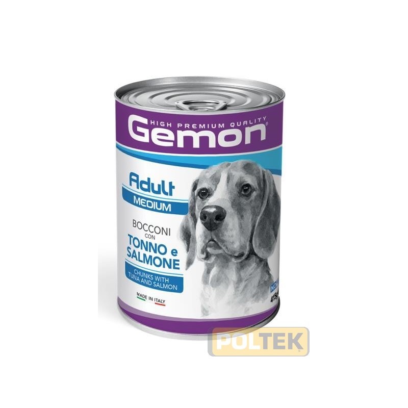 Gemon Bocconi con Tonno e Salmone è un alimento completo per cani adulti di taglia media, formulato per fornire tutti i nutrien