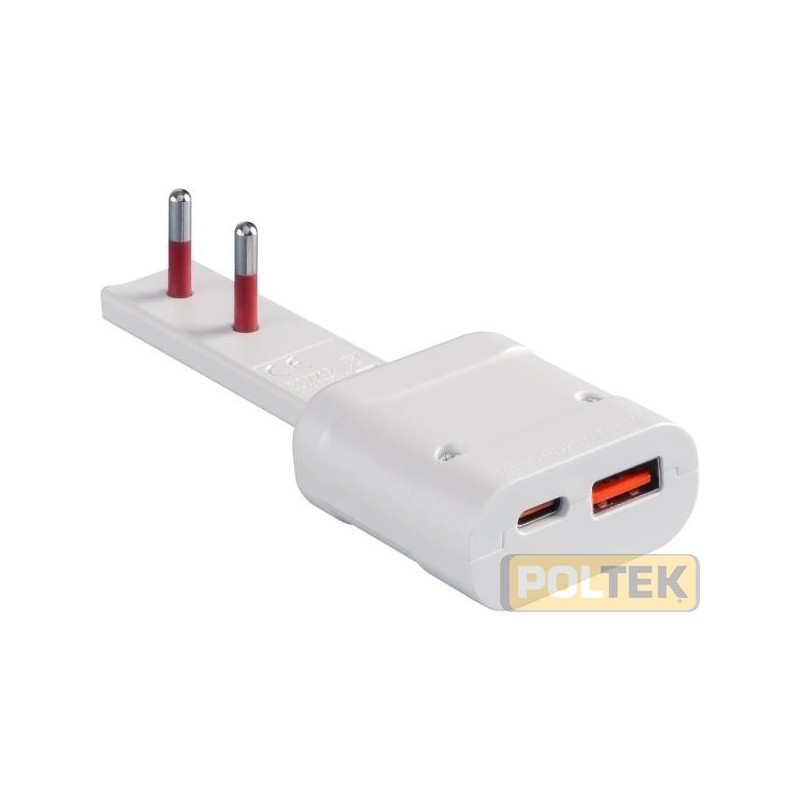 Caricatore usb emilia flat spina 10a 2p 250v - 1 presa usb tipo a 5v/3a, 9v/2a, 12v/1.5a qc18w + 1 presa usb tipoc 5v/3a, 9v/2a