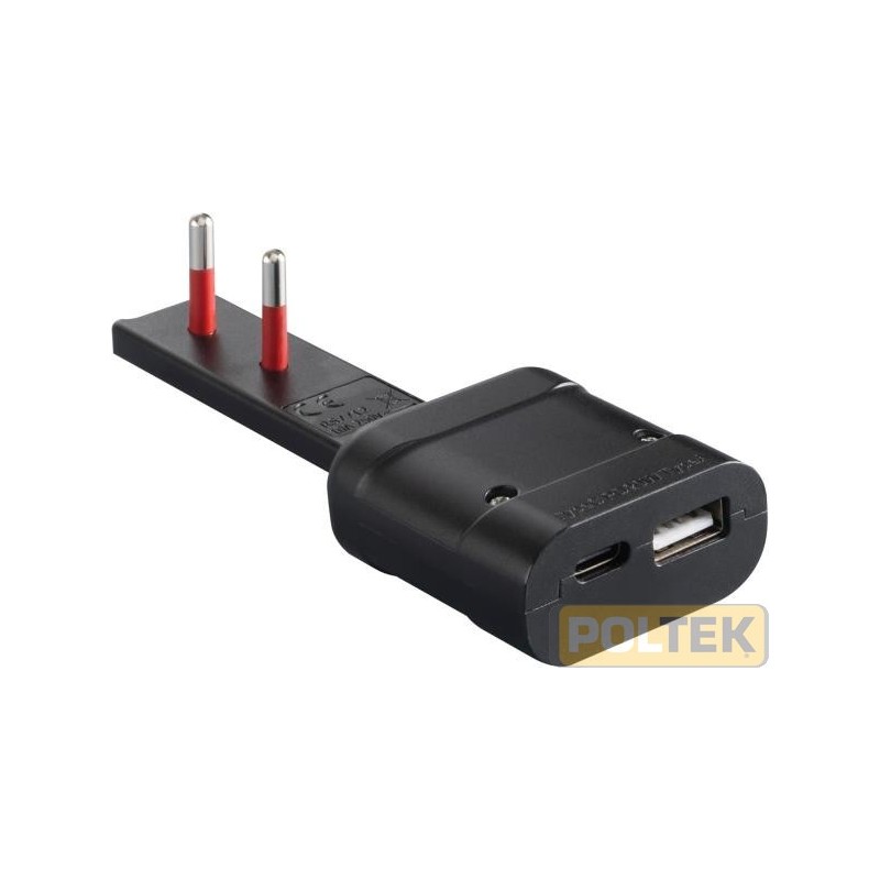 Caricatore usb emilia flat spina 10a 2p 250v - 1 presa usb tipo a 5v/3a, 9v/2a, 12v/1.5a qc18w + 1 presa usb tipoc 5v/3a, 9v/2a