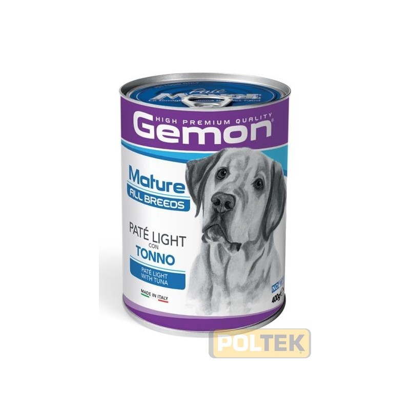 Gemon All Breeds Mature Paté Light con Tonno è un alimento completo per cani adulti anziani di tutte le taglie, formulato con 