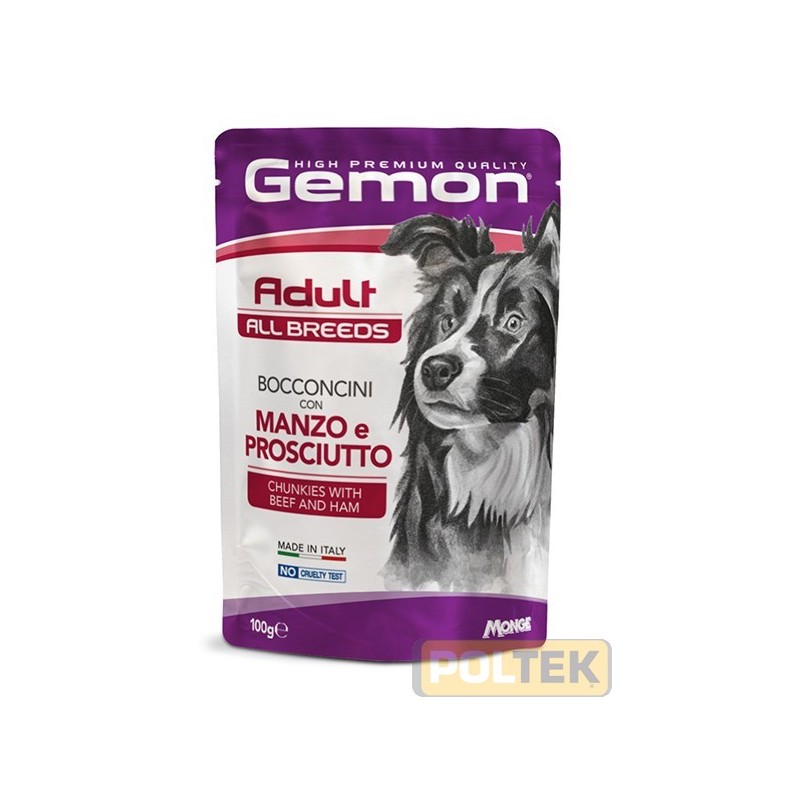 Gemon Bocconcini con Manzo e Prosciutto è un alimento completo per cani adulti di tutte le taglie, formulato per fornire tutti 