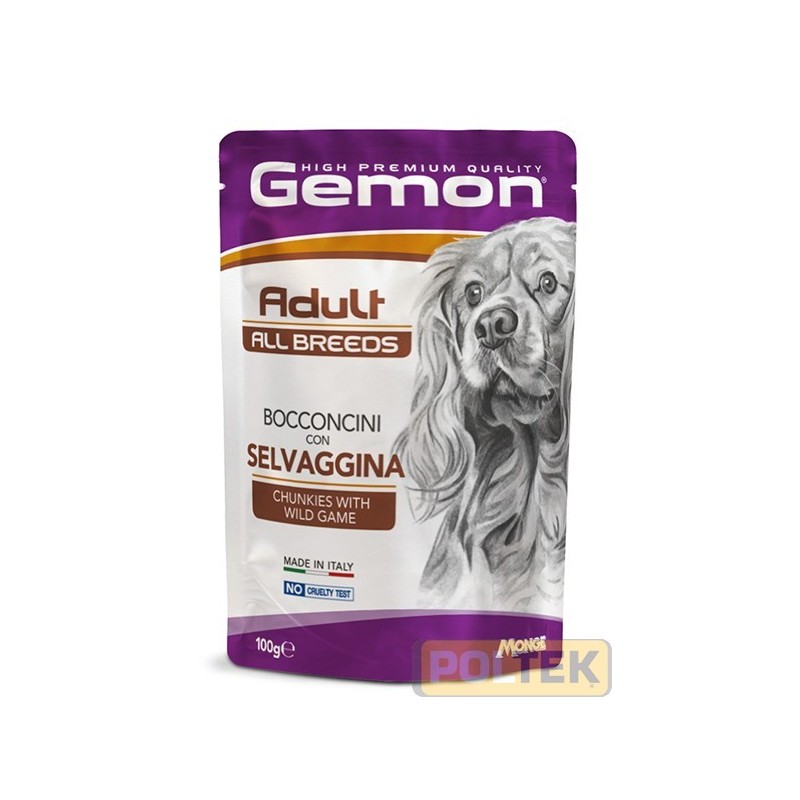 Gemon Bocconcini con Selvaggina è un alimento completo per cani adulti di tutte le taglie, formulato per fornire tutti i nutrie