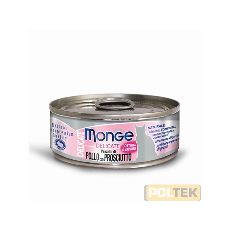 Alimento completo e digeribile per gatti, con delizioso pollo e prosciutto. Un gusto ricercato, adatto ai palati più raffinati.