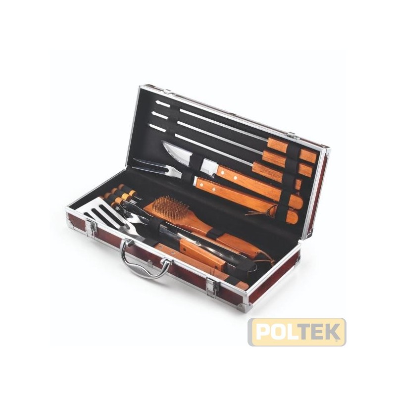 Set da 12 pezzi in valigetta in radica in acciaio inox con manico in legno.