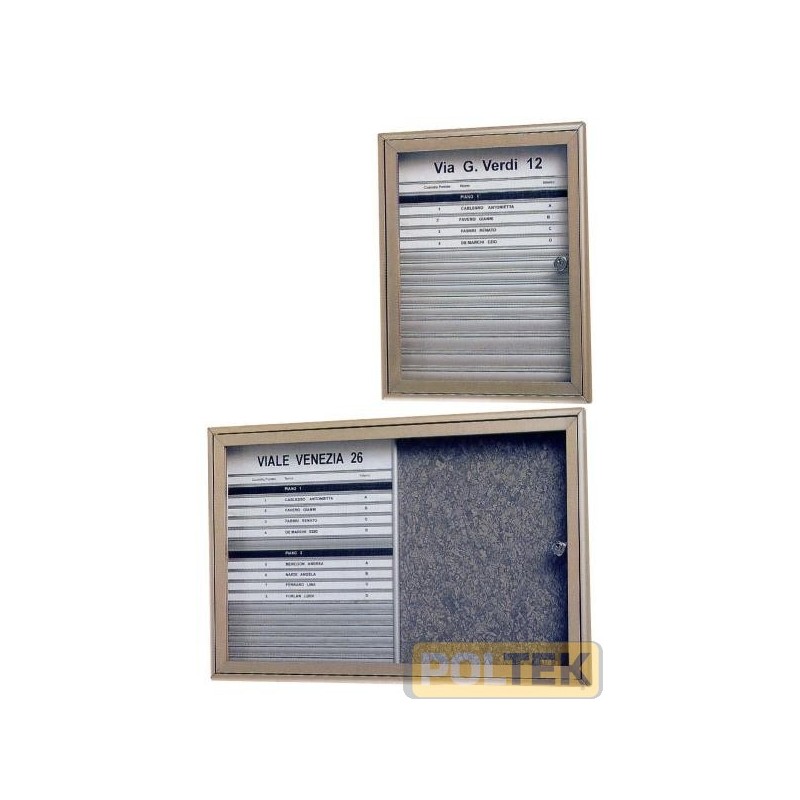 Bacheca portanomi realizzata in profilo speciale d'alluminio anodizzato, con porta battente in plexiglas trasparente, da mm.3 di