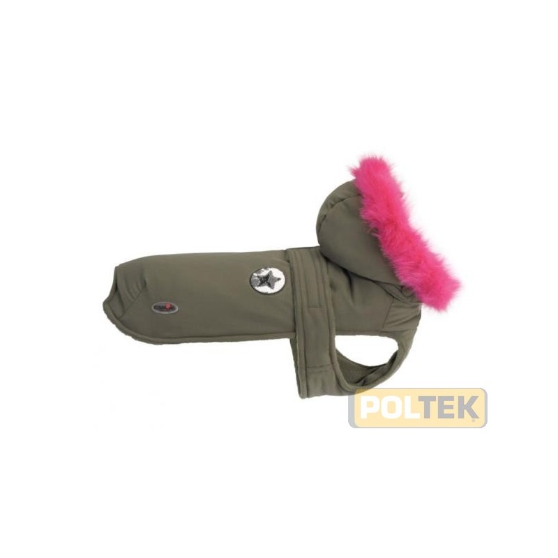 Cappottino in tessuto morbido con interno in pile e stampa con fantasia “ossicini”. Coulisse e apertura per pettorina.