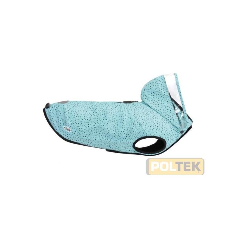 Impermeabile con effetto spalmato, dotato di cappuccio staccabile con banda trasparente che offre al cane una migliore visibilit