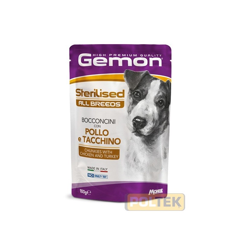 Gemon All Breeds Sterilised Bocconcini con Pollo e Tacchino è un alimento completo per cani adulti sterilizzati di tutte le tag