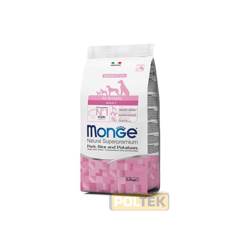 Le crocchette Monge Natural Superpremium Speciality Line Adult con Maiale, Riso e Patate sono un alimento completo e bilanciato 