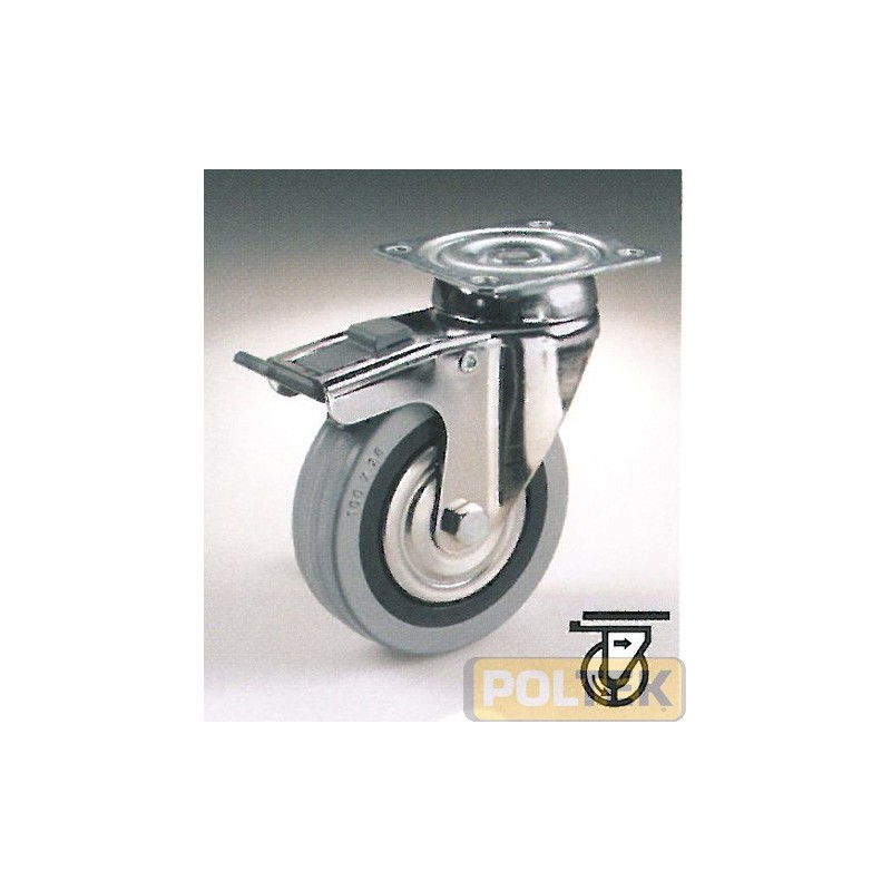 Ruota con nucleo in polimero termoplastico, supporto in lamiera stampata e cromata, anello in gomma piena grigia antitraccia con