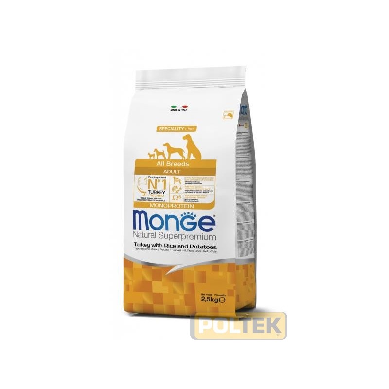 Monge Natural Superpremium All breeds Adult Monoprotein* Tacchino con Riso e Patate è un alimento completo per cani adulti di t