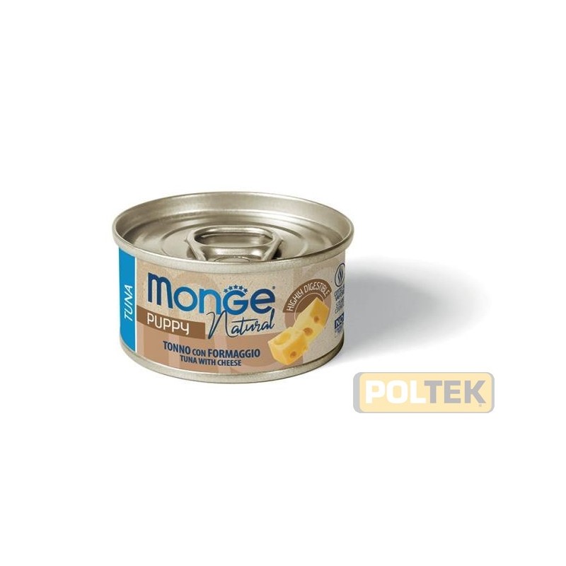 MONGE NATURAL TONNO CON FORMAGGIO è un alimento complementare per cani cuccioli, preparato con una deliziosa e delicata gelatin