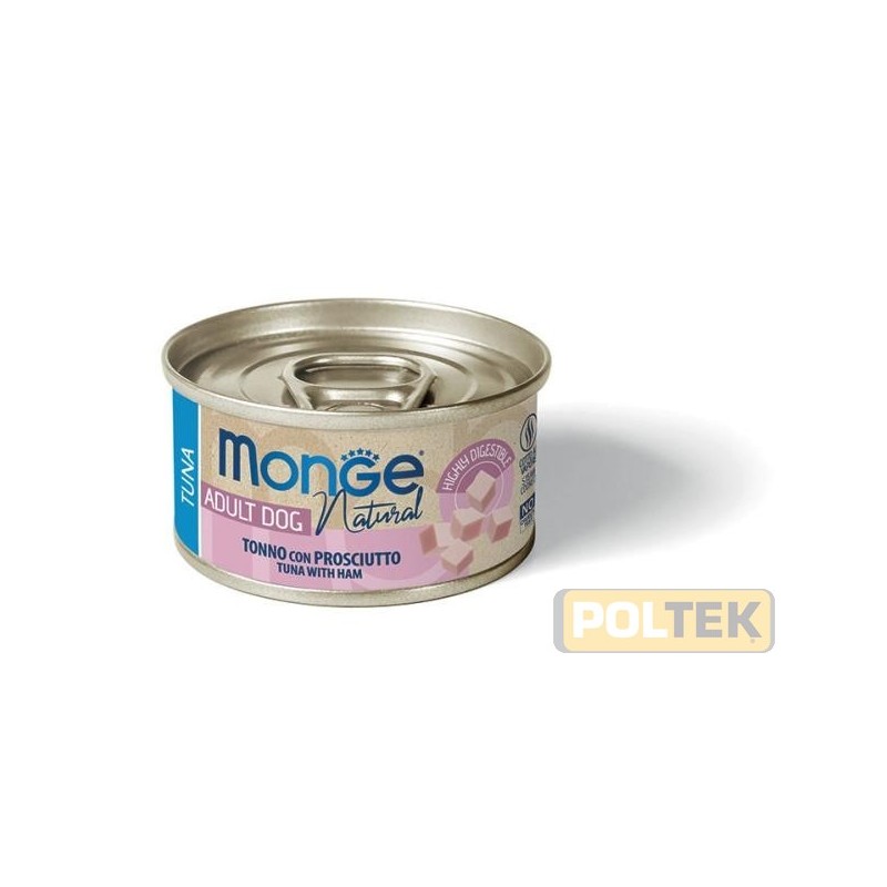MONGE NATURAL TONNETTO STRIATO CON PROSCIUTTO è un alimento complementare per cani adulti di tutte le taglie, preparato con una