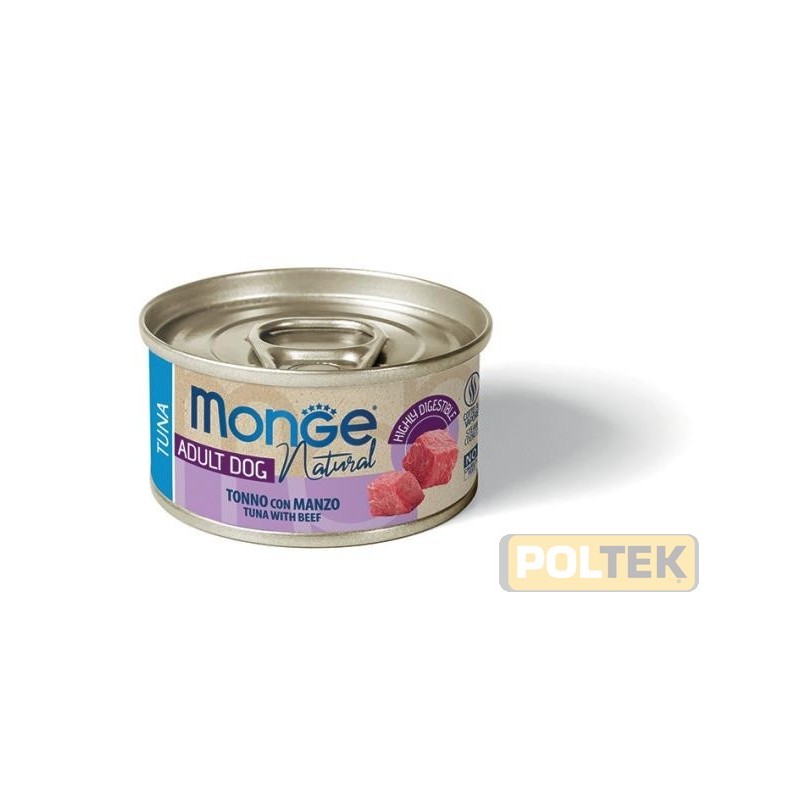MONGE NATURAL TONNETTO CON MANZO è un alimento complementare per cani adulti di tutte le taglie, preparato con una deliziosa e 