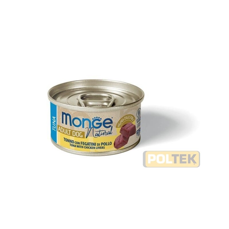 MONGE NATURAL TONNETTO STRIATO CON FEGATINI DI POLLO è un alimento complementare per cani adulti di tutte le taglie, preparato 