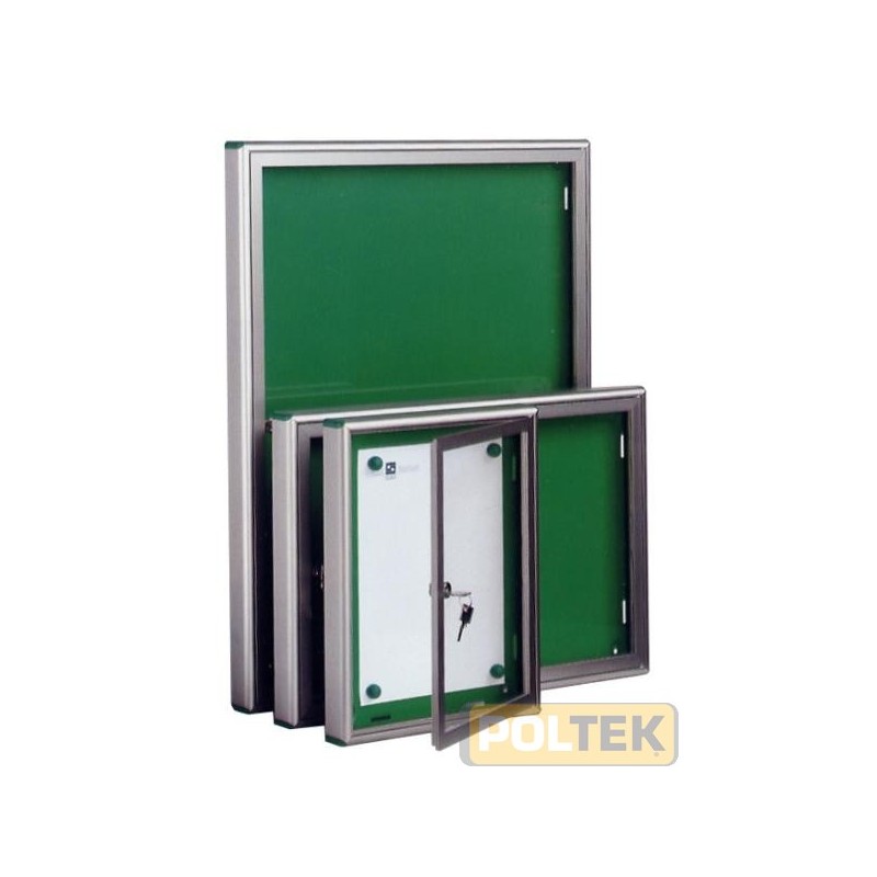 Bacheca portavvisi realizzata in profilo speciale d'alluminio anodizzato, con porta battente in plexiglas trasparente, da mm.3 d