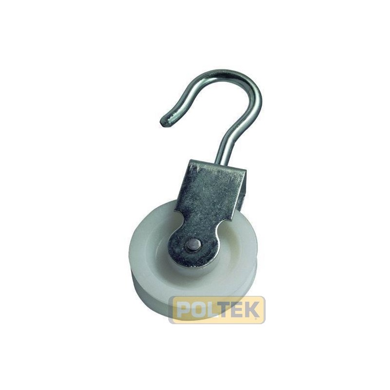 Carrucola per stendipanni con gancio, ruota in nylon con cuscinetti a sfera.