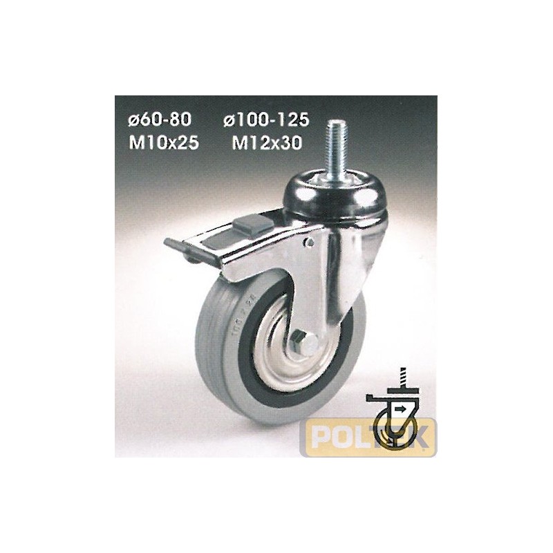 Ruota con nucleo in polimero termoplastico, supporto in lamiera stampata e cromata, anello in gomma piena grigia antitraccia con