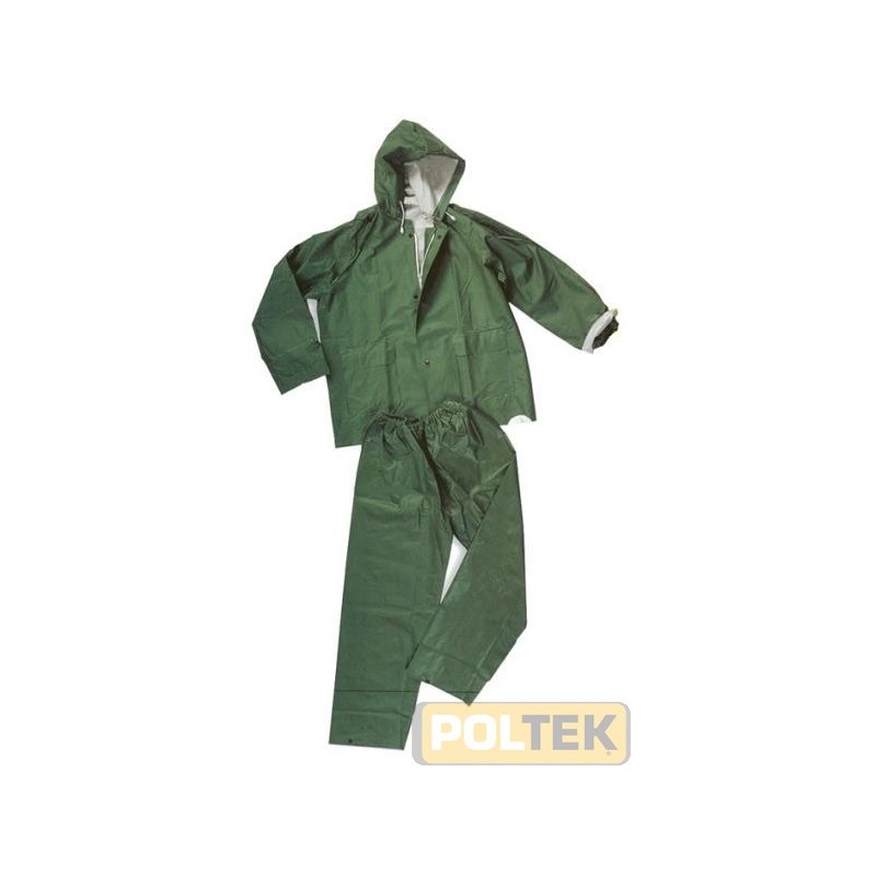 Completo impermeabile giacca e pantalone in tessuto poliestere con doppia spalmatura in PVC. Fori di aerazione dorsali e sotto l