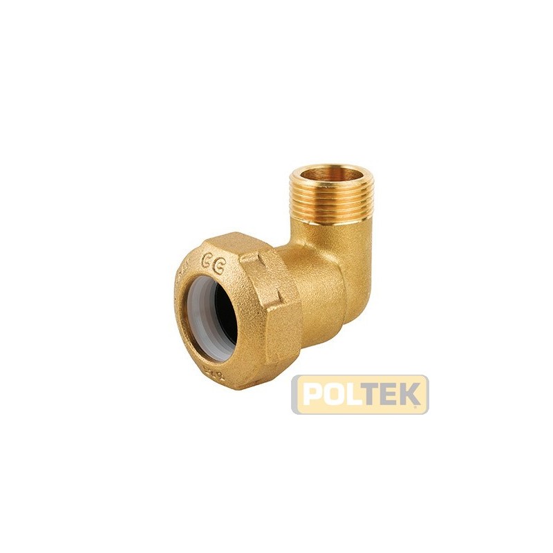 Raccordo in ottone gomito maschio Made in Italy per tubi in polietilene con anello in resina poliacetalica.