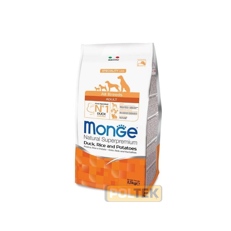 Le crocchette Monge Natural Superpremium Speciality Line Adult con Anatra, Riso e Patate sono un alimento completo e bilanciato 