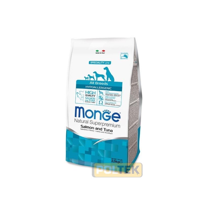 Le crocchette Monge Natural Superpremium Speciality Line Hypoallergenic con Salmone e Tonno sono un alimento completo e bilancia
