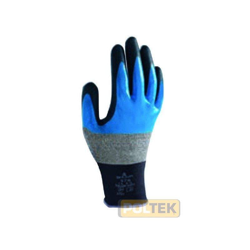 Doppio rivestimento in nitrile realizzato tramite immersione su ¾ del guanto e ulteriore finitura in schiuma di nitrile sul pal