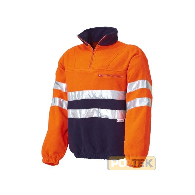 Pullover alta visibilità, collo a fascetta con zip, elastici al fondo maniche e vita. Taschino con cerniera e due tasche. Lavor