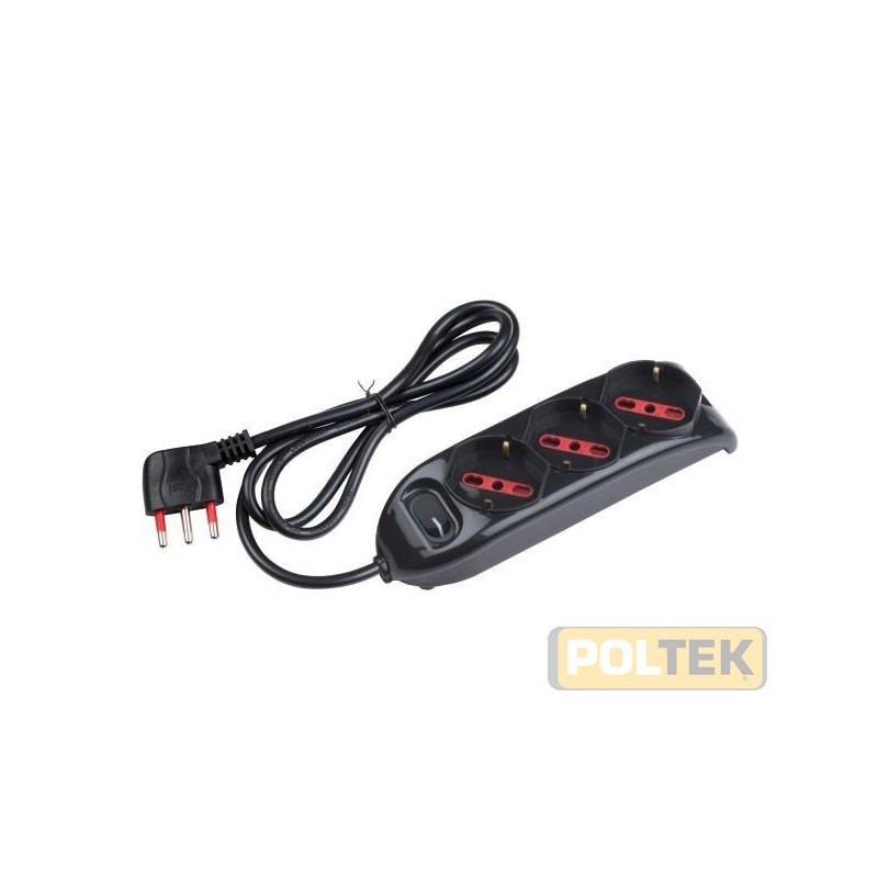 Presa multipla 250 V~ con 3 prese pluristandard 10 / 16 A 2P+T, standard italiano 10 / 16 A e tedesco 16 A (con terra laterale),