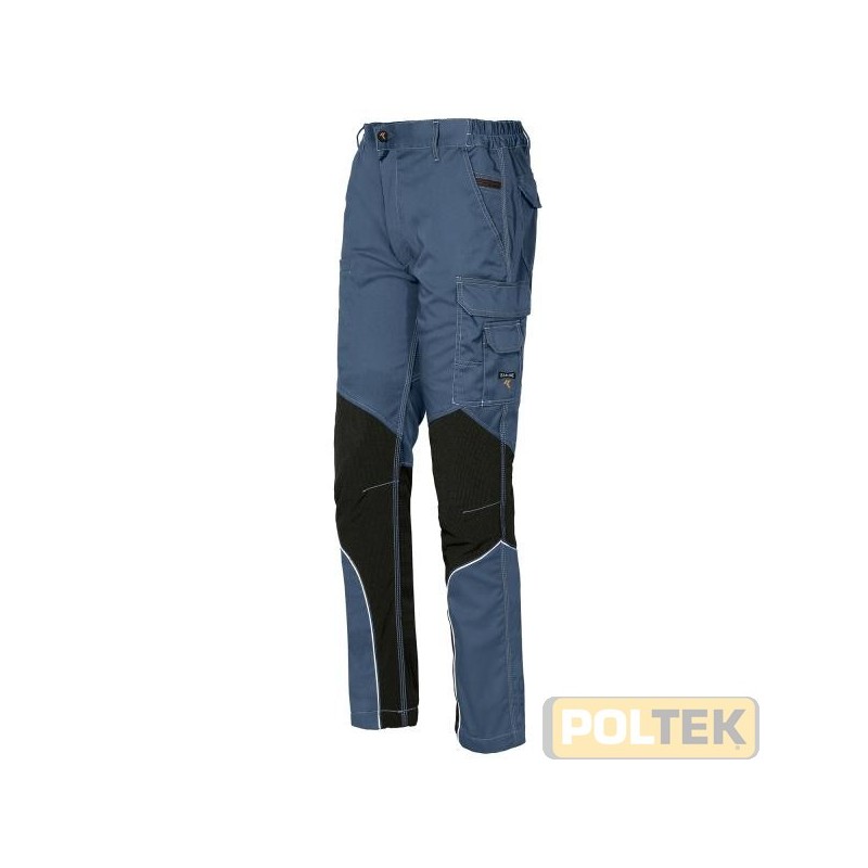 Pantalone tecnico con inserti in tessuto antiabrasione e piping riflettente. Possibilità di regolazione in lunghezza e larghezz