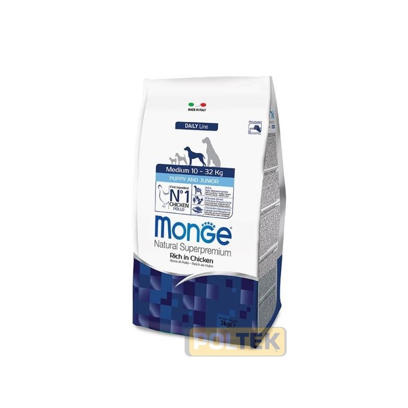 Le crocchette Monge Natural Superpremium Medium Puppy & Junior con Pollo sono un alimento completo per cuccioli di taglia media.