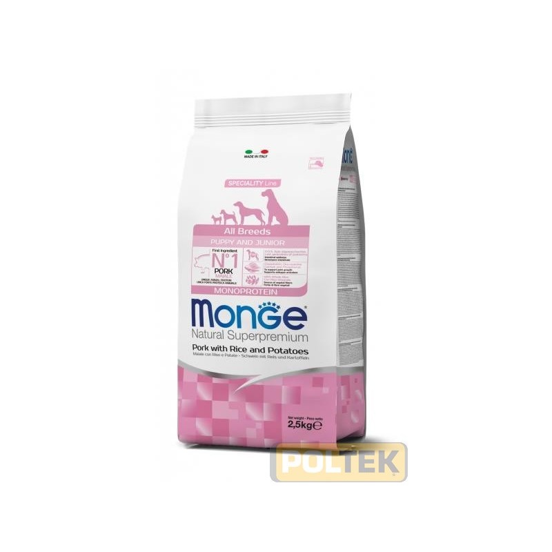 Monge Natural Superpremium All breeds Puppy and Junior Monoprotein* Maiale con Riso e Patate è un alimento completo per cani cu