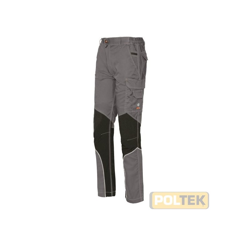 Pantalone tecnico con inserti in tessuto antiabrasione e piping riflettente. Possibilità di regolazione in lunghezza e larghezz