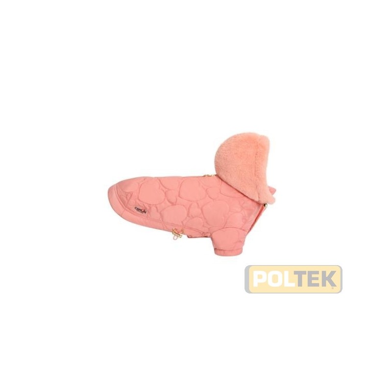 Cappottino water resistant con imbottitura leggera e trapuntatura disegno cuori. Cappuccio in pelliccia sintetica, staccabile tr