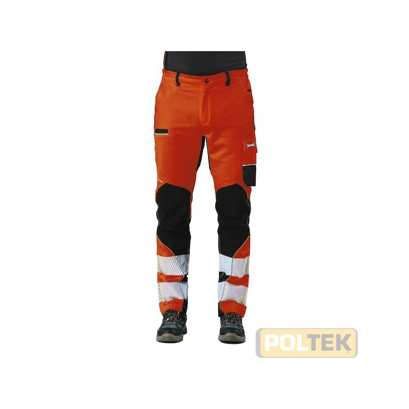 Pantaloni tecnici ad alta visibilità con inserti antiabrasione e bande retroriflettenti segmentate. La vestibilità Regular Fit