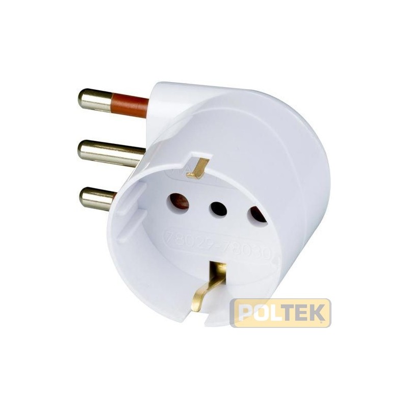 Tripla con spina 10A, 2 prese 10/16A e 1 presa schuko bivalente, con limitatore di corrente autoripistinabile - bianco