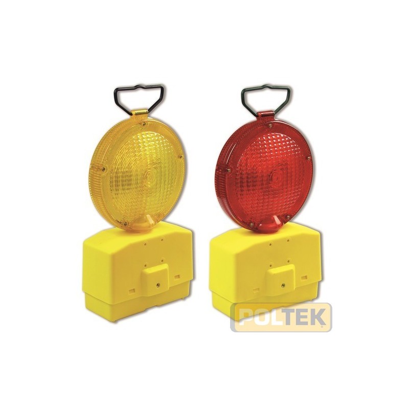Lampada bipila a Led, bifacciale, luce gialla lampeggiante o luce rossa fissa, dotata di crepuscolare, funzionamento con 2 batte