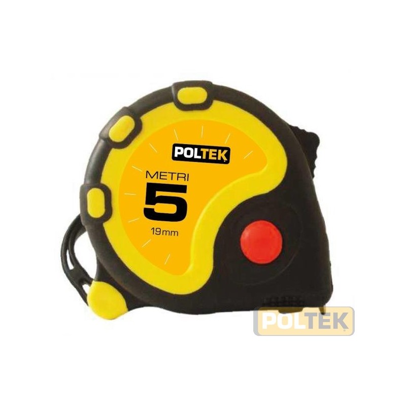 Flessometro per uso hobbistico corpo in ABS giallo e gomma nera antiurto. Triplo stop del nastro con frizione di rientro inferio