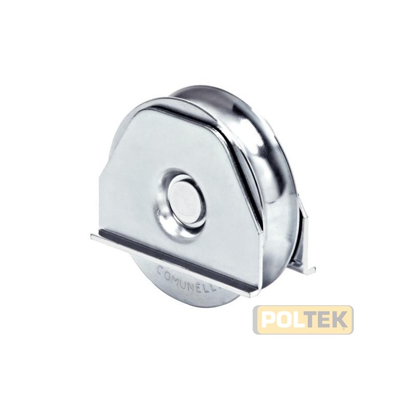 Ruota a fissare con gola semitonda e con piastre, a un cuscinetto, per cancelli scorrevoli.