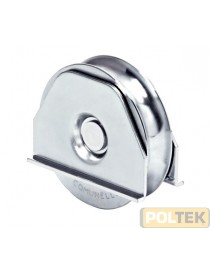 Ruota a fissare con gola semitonda e con piastre, a un cuscinetto, per cancelli scorrevoli.