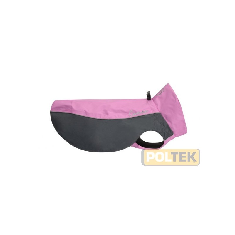 Impermeabile leggero in tessuto tecnico, stampa catarifrangente e coulisse per regolare l’ampiezza del collo. Bordo a contrast