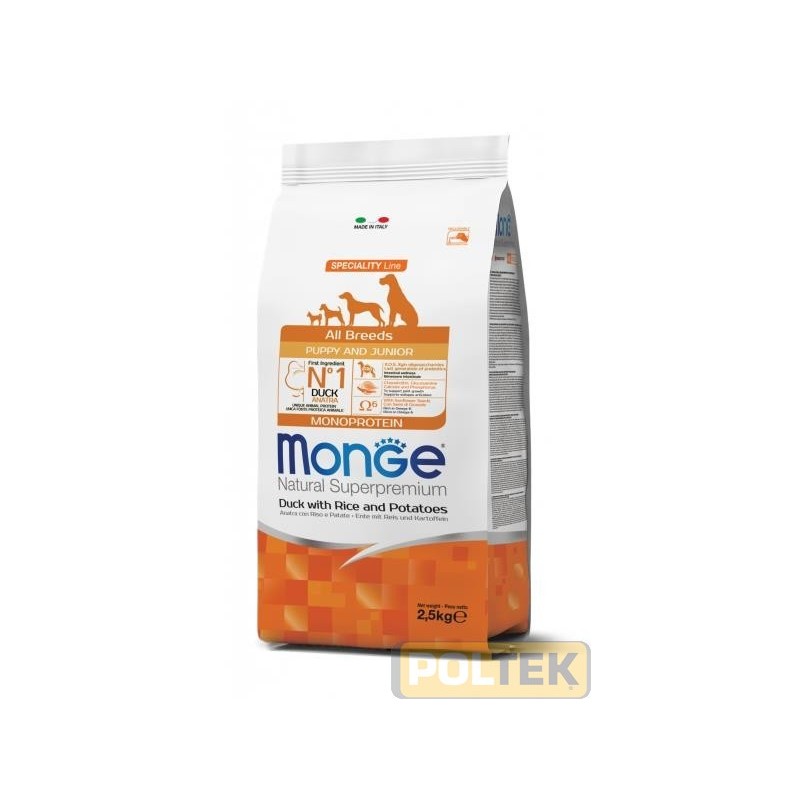 Monge Natural Superpremium All breeds Puppy and Junior Monoprotein* Anatra con Riso e Patate è un alimento completo per cani cu