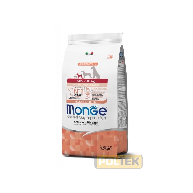 Monge Natural Superpremium Mini Puppy and Junior Monoprotein* Salmone con Riso è un alimento completo per cani cuccioli di tagl