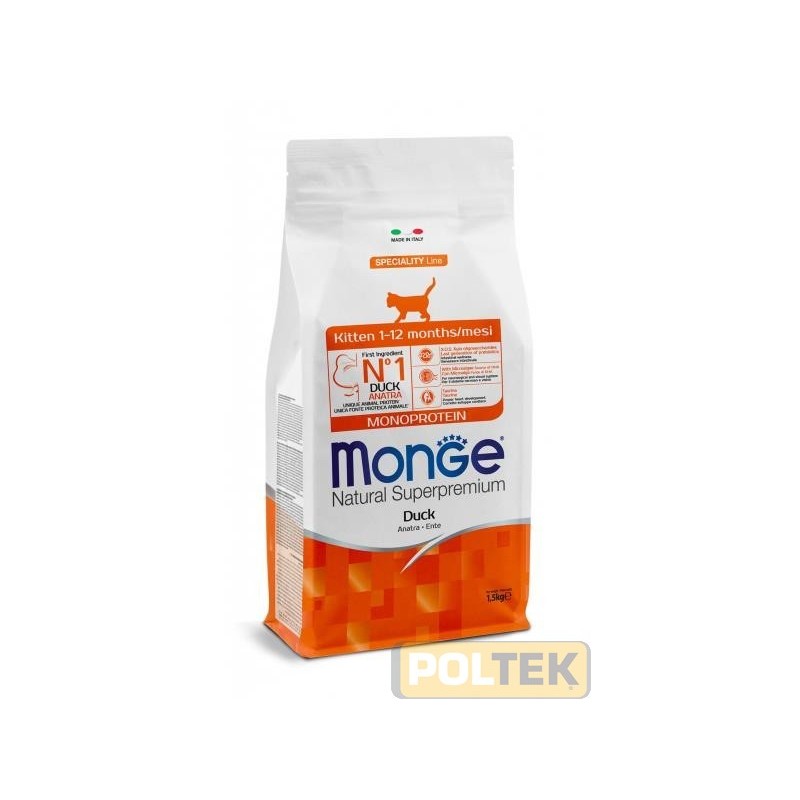 Monge Natural Superpremium Monoprotein* Kitten Anatra è un alimento completo e bilanciato per gattini. Specificatamente svilupp