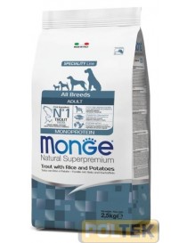 Monge Natural Superpremium All breeds Adult Monoprotein* Trota con riso e patate è un alimento completo per cani adulti di tutt