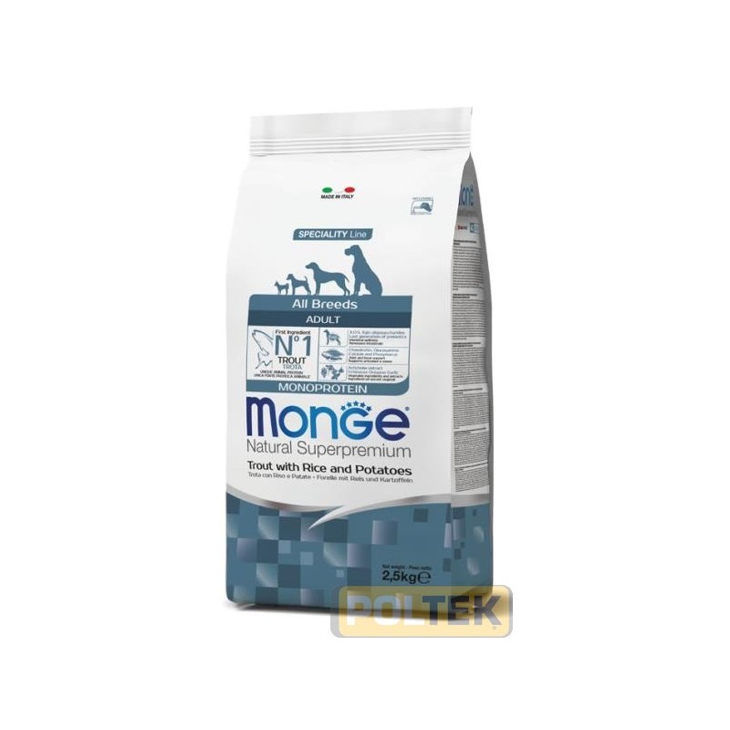 Monge Natural Superpremium All breeds Adult Monoprotein* Trota con riso e patate è un alimento completo per cani adulti di tutt