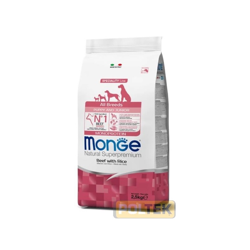 Monge Natural Superpremium All breeds Puppy and Junior Monoprotein* Manzo con riso è un alimento completo per cani cuccioli di 