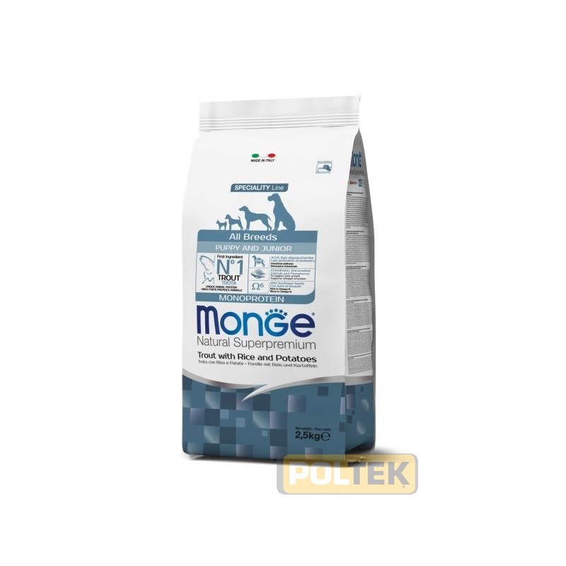 Monge Natural Superpremium All breeds Puppy and Junior Monoprotein* Trota con Riso e Patate è un alimento completo per cani cuc