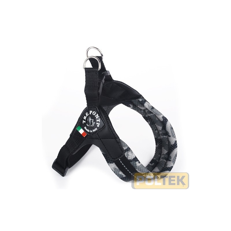 Stile mimetico anche per la pettorina dal mix perfetto di originalità, qualità ed ergonomia. Semplice da indossare come nessun