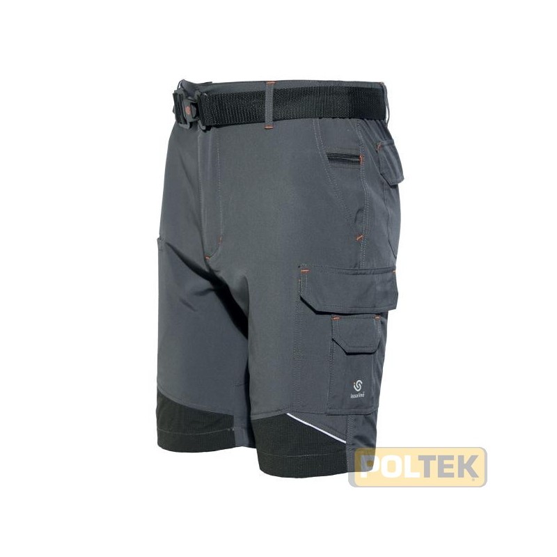 Bermuda in leggerissimo tessuto softshell con contrasti in simil cordura fornito di 6 tasche, più una tasca porta cellulare ed 